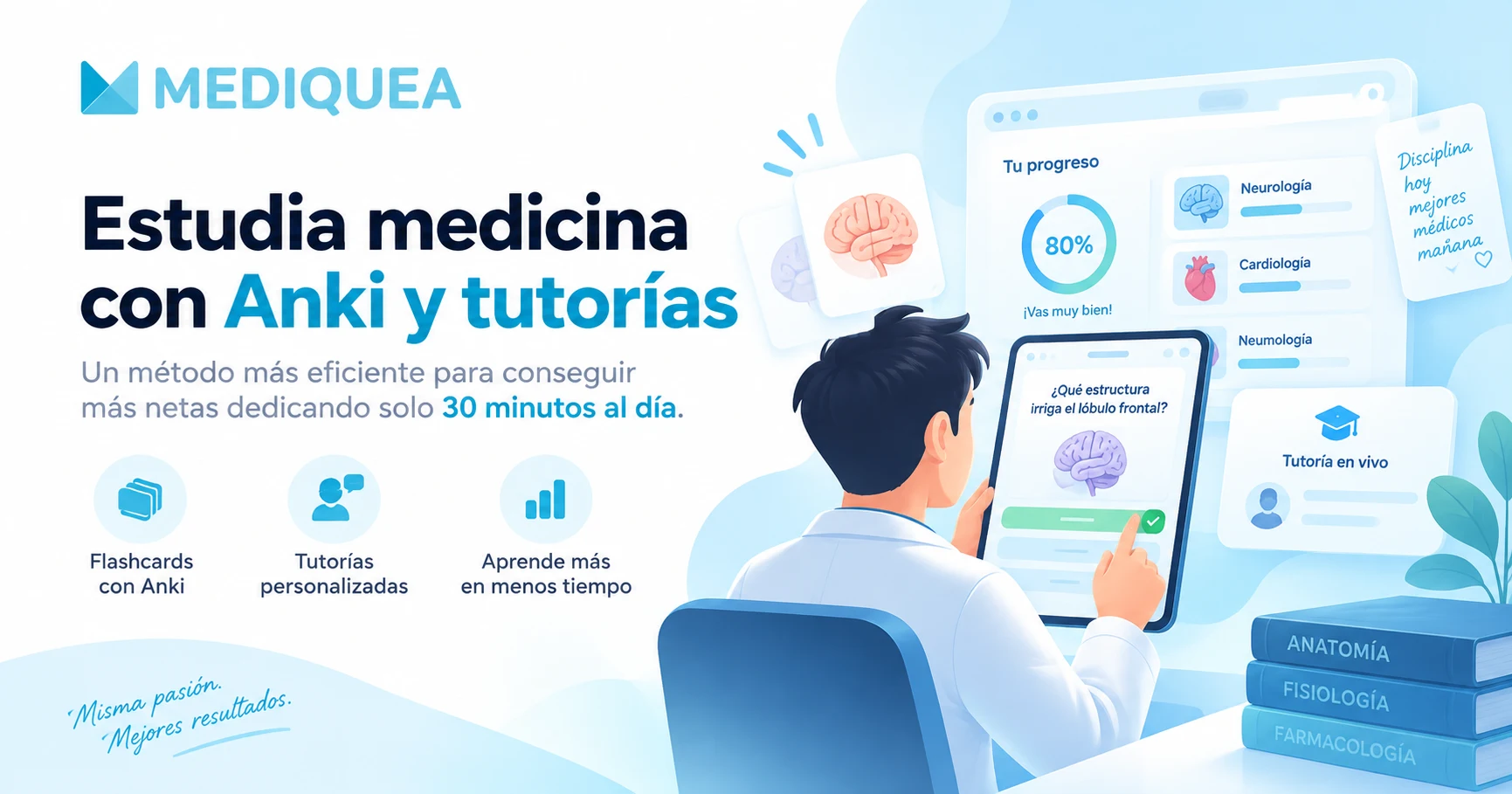Estudiante de Medicina usando Mediquea para estudiar con Anki y tutorías