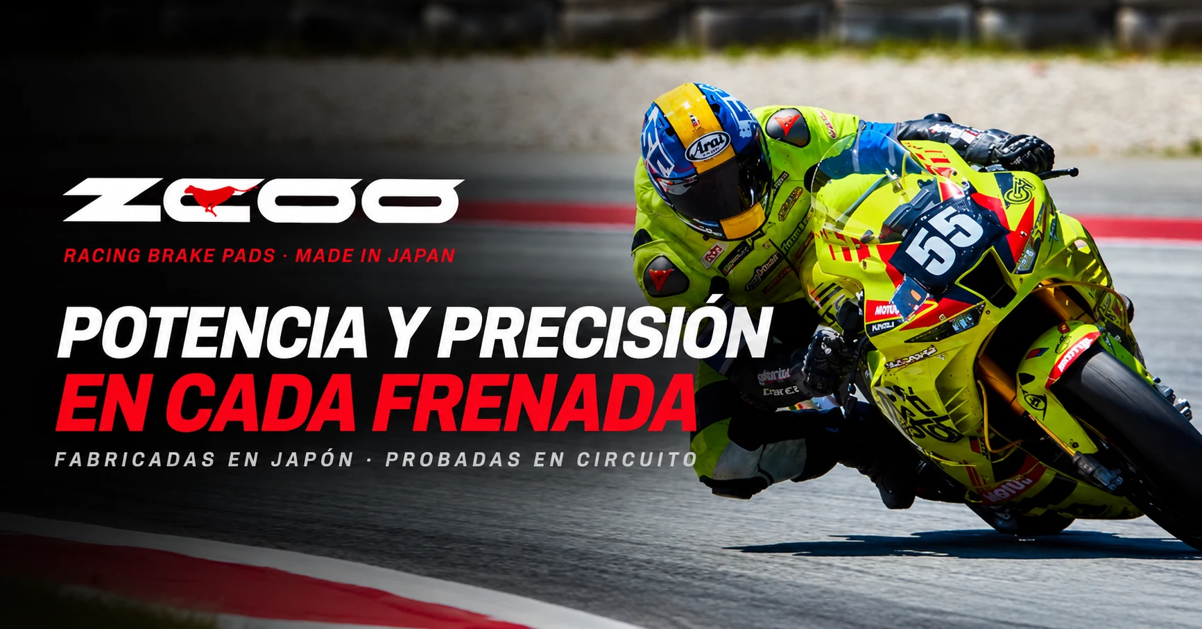 Piloto de motociclismo en circuito junto al mensaje de ZCOO Brake Pads